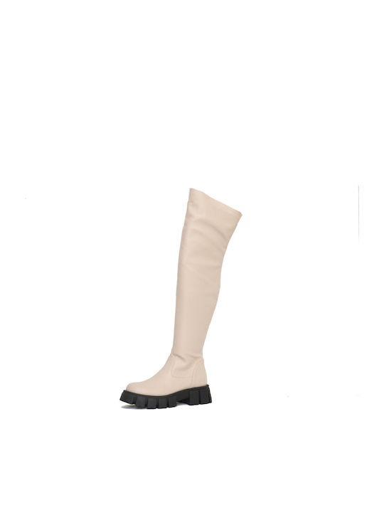 Leather Over the Knee Medium Heel Women's Boots with Rubber / Zipper Beige