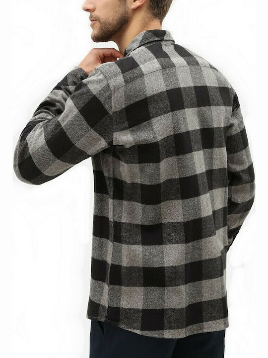 Sacramento Long Sleeve Flannel Overshirt in Narrow Fit Checked Grey Melange