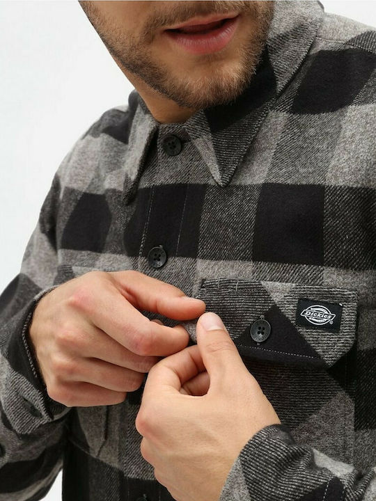Sacramento Long Sleeve Flannel Overshirt in Narrow Fit Checked Grey Melange