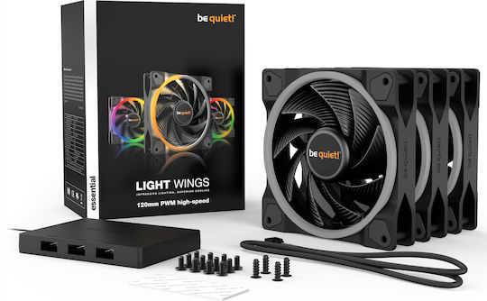 Be Quiet Light Wings High Speed Case Fan 120mm 2500rpm 52.3cfm with ARGB Lighting and 4-Pin PWM Connection 3pcs