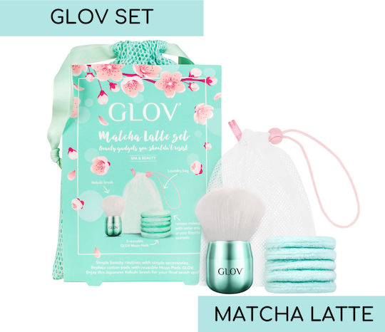 Glov Matcha Latte Moon Pads Set Makeup Remover Pads 5pcs + Kabuki Brush Makeup Brush + Pouch