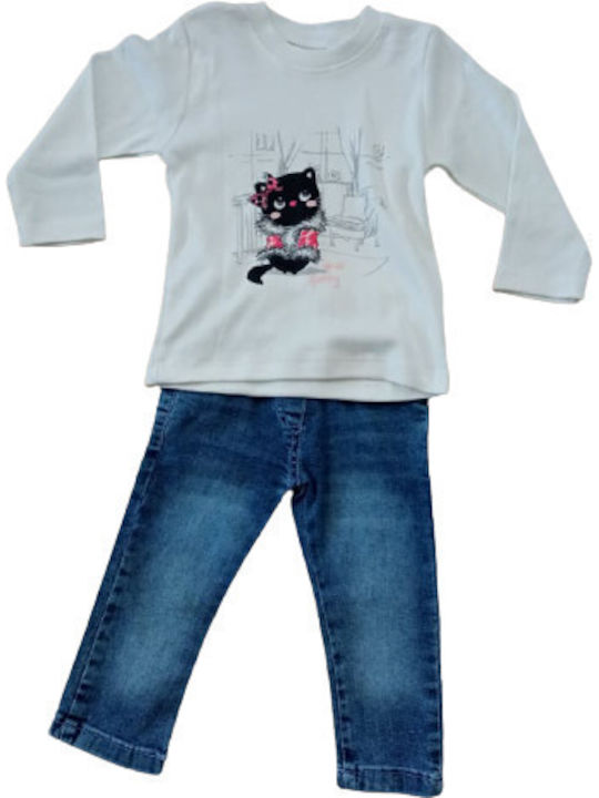 Set of 3 pieces. Jeans Pants, Blouse and Jacket BLACK CAT Pink-White