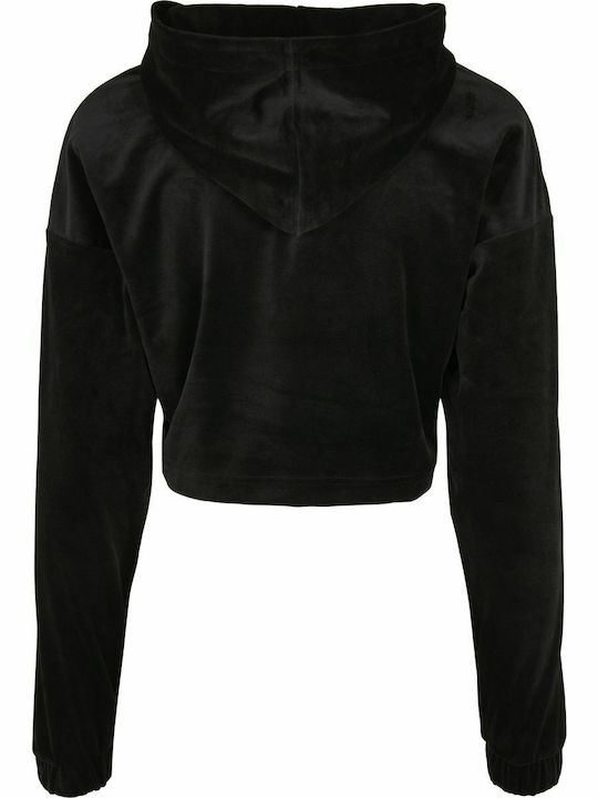 Cropped Women's Velvet Sweatshirt with Hood Black