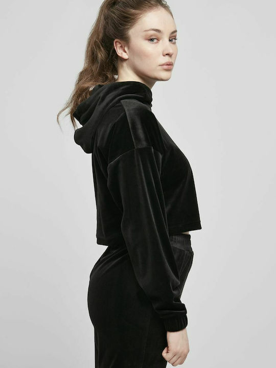 Cropped Women's Velvet Sweatshirt with Hood Black