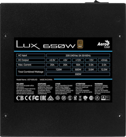 Aerocool LUX 650W Μαύρο Τροφοδοτικό Υπολογιστή Full Wired 80 Plus Bronze