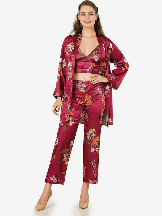 Moongirl Pentru Femei Satin Halat cu Pijamale Burgundy