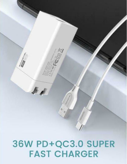 Somostel Φορτιστής με Θύρα USB-A και Θύρα USB-C και Καλώδιο Lightning 36W Power Delivery / Quick Charge 3.0 Λευκός (SMS-A80)