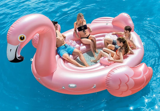 Intex Party Island Φουσκωτό Ride On Θαλάσσης Flamingo με Χειρολαβές Ροζ 422x373cm