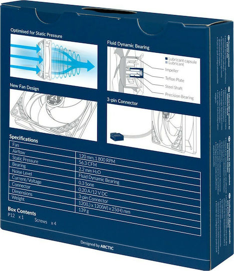Arctic P12 Pressure Optimizat Ventilator Carcasă 120mm (1800rpm / 56.3cfm) Fără Iluminare LED și Conexiune 3-Pin