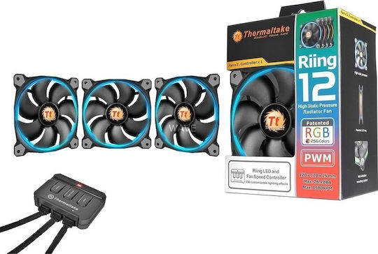 Thermaltake Riing 12 LED Case Fans 120mm (1500rpm / 40.6cfm) with RGB Lighting and 4-Pin PWM Connection 3pcs