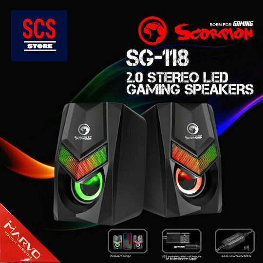 Marvo SG118 Ηχεία Υπολογιστή 2.0 με RGB Φωτισμό και Ισχύ 3W σε Μαύρο Χρώμα