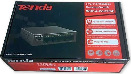 Tenda TEF1105P-4-63W Unmanaged L2 PoE+ Switch with 5 Ethernet Ports