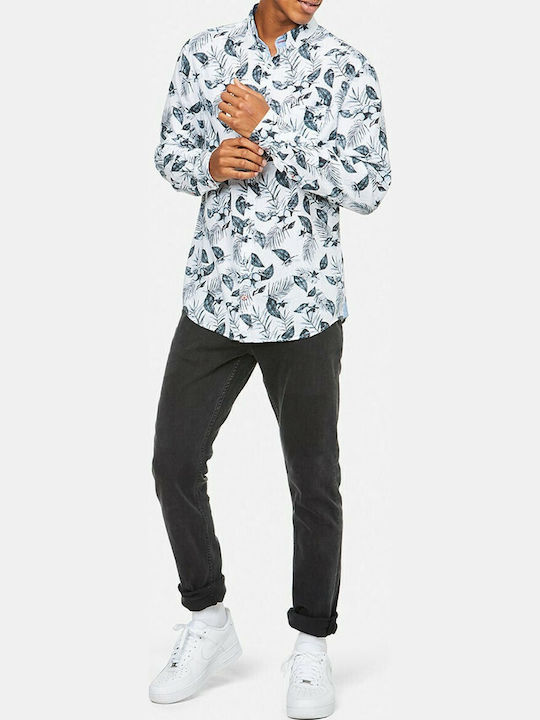 Long-sleeved Linen Shirt Floral Light Blue
