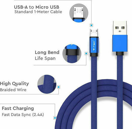 V-TAC Braided USB 2.0 to micro USB Cable Μπλε 1m (Ruby)