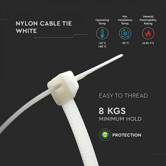 V-TAC Cable Ties Plastic 200mm x 2.5mm in White Colour (100 pcs) (11163)