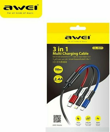 Awei CL-971 Braided USB to Lightning / Type-C / micro USB 1.2m 2.4A Cable (x24785)