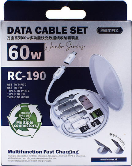 Remax RC-190 Regular USB to Lightning / Type-C / micro USB Cable 3A Λευκό 0.29m