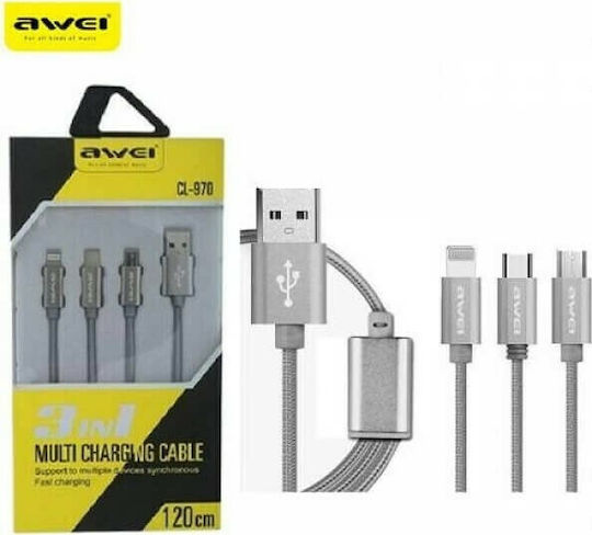 Awei CL-970 Geflochten USB zu Blitzschlag / Typ-C,TC-TC / Micro-USB Kabel Gray 1.2m