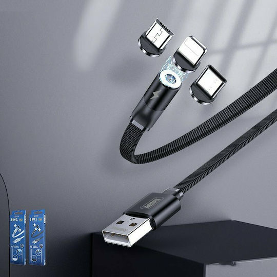 Remax RC-169th Magnetic USB to Type-C / micro USB / Lightning Cable 2.1A Μαύρο 1m