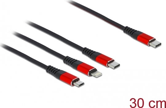DeLock Regular USB to Lightning / Type-C / micro USB Cable Μαύρο 0.3m (86710)