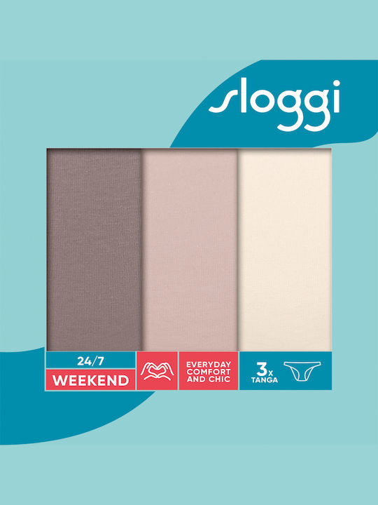 24/7 Weekend H Tanga Βαμβακερά Women's Slip 3Pack with Lace Beige/Puro
