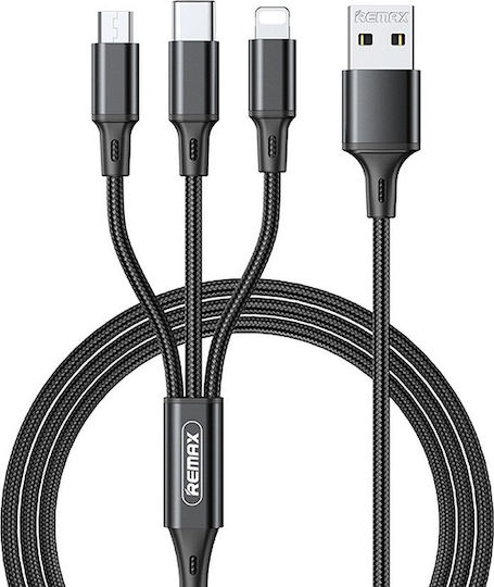 Remax Gition RC-189th Braided USB to Type-C / micro USB / Lightning Cable Μαύρο 1.20m