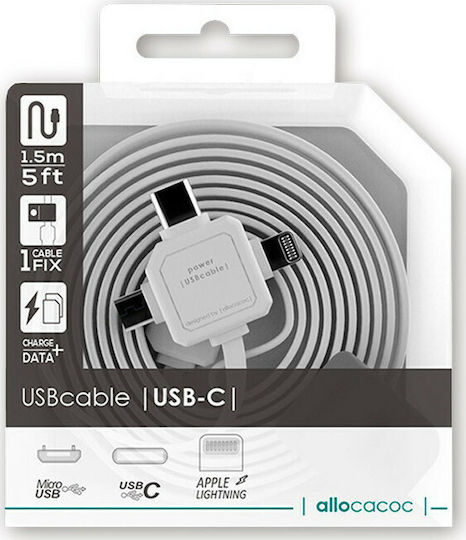 Allocacoc Flach USB zu Blitzschlag / Typ-C,TC-TC / Micro-USB Kabel Weiß 1.5m (9003WT/USBC15)