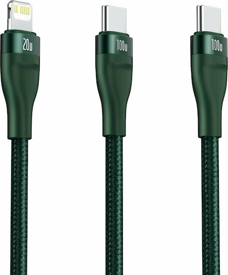 Baseus Flash Series Braided USB to Lightning / Type-C Cable 5A Πράσινο 1.2m (CA1T2-F06)