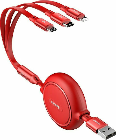 Baseus Golden Loop Retractable USB to Lightning / Type-C / micro USB 1.2m 3.5A Cable Red (CAMLT-JH09)
