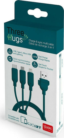 Legami Milano Three Hugs Редовен USB към Мълния / Type-C / микро USB Кабел 2.8Спецификация Зелен 1м (CCA0001)