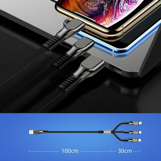 Joyroom S-1335K4 Braided Cablu USB la Lightning / Type-C cu mai multe porturi 3.5A Negru 1.3m