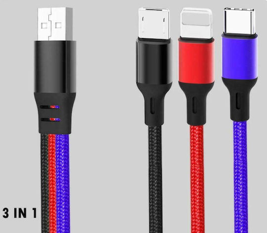 XO Braided USB to Lightning / Type-C / micro USB Cable Πολύχρωμο 1.2m (NB143)