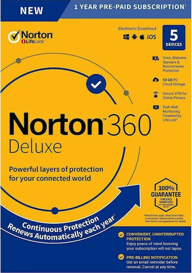 Norton 360 Deluxe за 5 устройства и 1 година използване (Електронно разрешение)
