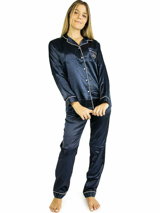 Lydia Creations Winter Damen Satin Pyjama-Oberteil Marineblau