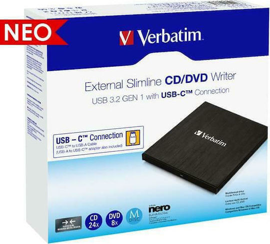 Verbatim External Slimline External DVD/CD Recorder for Laptop / Desktop Black