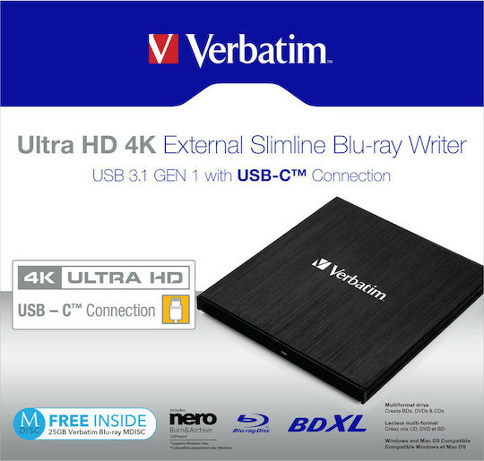 Verbatim External Slimline External Blu-Ray/DVD/CD Recorder for Desktop / Laptop Black