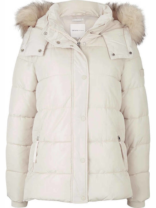 Kurz Damen Puffer Jacke mit pelziger Kapuze für Winter Beige