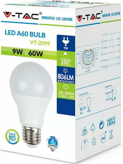 V-TAC VT-2099 LED Bulb 9W 112mm for Socket E27 and Shape A60 Natural White 806lm