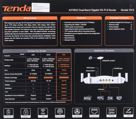 Tenda RX3 Ασύρματο Router με 3 Θύρες Gigabit
