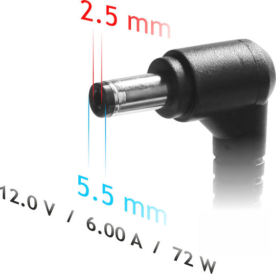 Akyga Universal Φορτιστής Laptop 72W 12.0V 6.0A χωρίς Καλώδιο Τροφοδοσίας