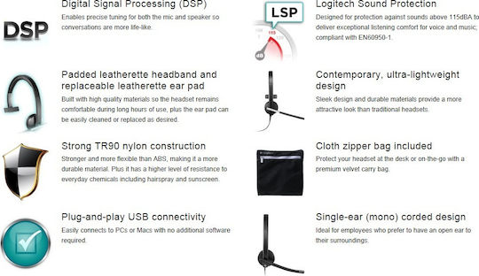 Logitech H650e Auf dem Ohr Multimedia-Headsets mit Mikrofon und Verbindung USB-A in Schwarz Farbe