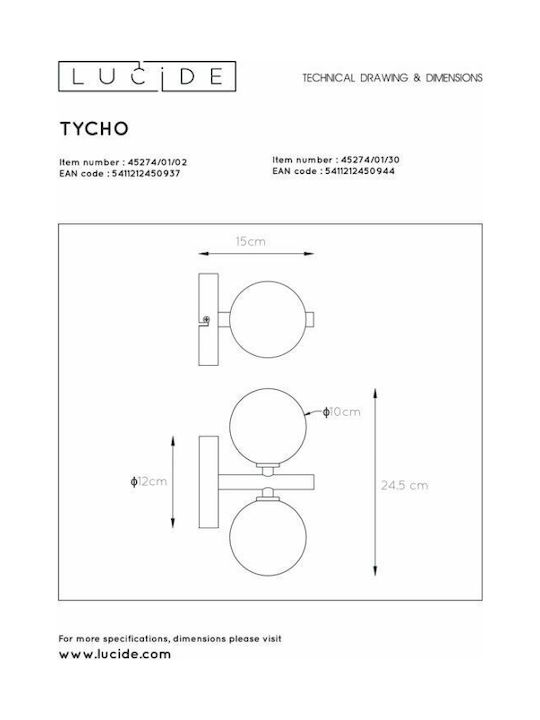 Lucide Lightning Tycho Modern Lumină de Perete cu Soclu G9 Negru 24.5cm