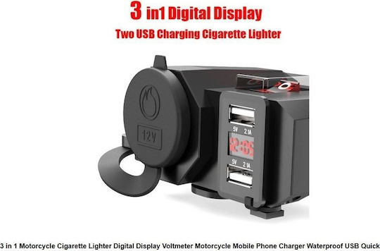 Water Resistant Motorcycle Phone Charger 2.1A with 2xUSB & 1x Lighter with Voltometer
