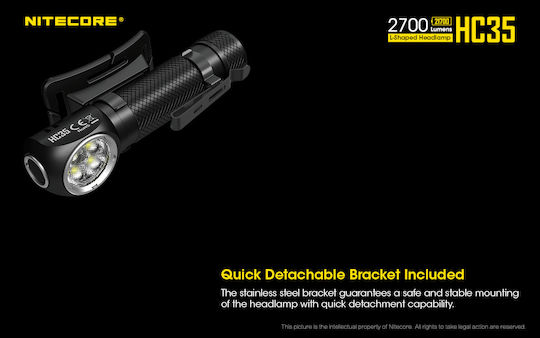 NiteCore Επαναφορτιζόμενος Φακός Κεφαλής LED IP68 με Μέγιστη Φωτεινότητα 2700lm HC35 18650, CR123, RCR123