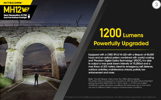 NiteCore Επαναφορτιζόμενος Φακός LED IPX8 με Μέγιστη Φωτεινότητα 1200lm MH12v2