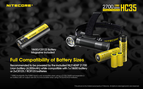 NiteCore Επαναφορτιζόμενος Φακός Κεφαλής LED IP68 με Μέγιστη Φωτεινότητα 2700lm HC35 18650, CR123, RCR123
