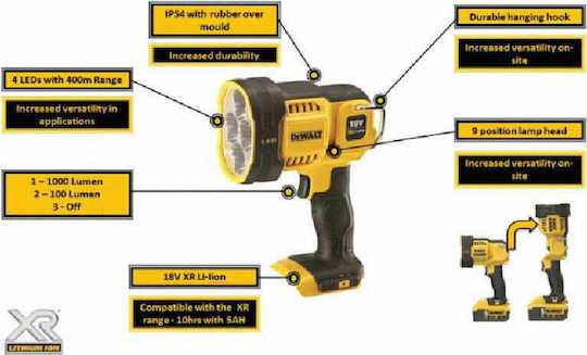 Dewalt Επαναφορτιζόμενος Προβολέας Χειρός LED IP54 με Μέγιστη Φωτεινότητα 1000lm