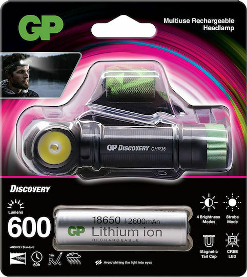 GP Batteries Презареждащ се Челник LED IPX4 Двойна функция с Максимална Яркост 600лм GPCH35BE-2FB1 Черен