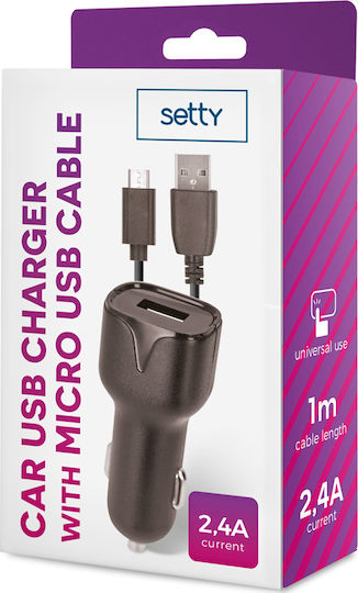 Setty Φορτιστής Αυτοκινήτου 2.4A με μία Θύρα: 1xUSB μαζί με Καλώδιο Micro-USB Μαύρο Χρώμα