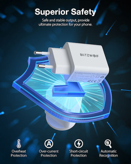 BlitzWolf Charger Without Cable with USB-A Port and USB-C Port 20W Power Delivery / Quick Charge 2.0 Whites (BW-S20)